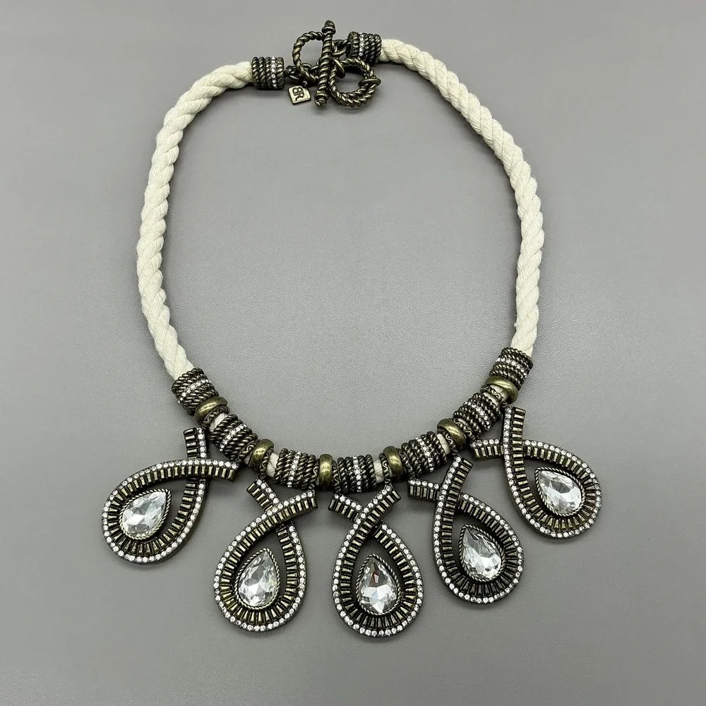 Banana Republic Necklace‎ Gold Tone White Cord Teardrop Bib Statement Jewelry